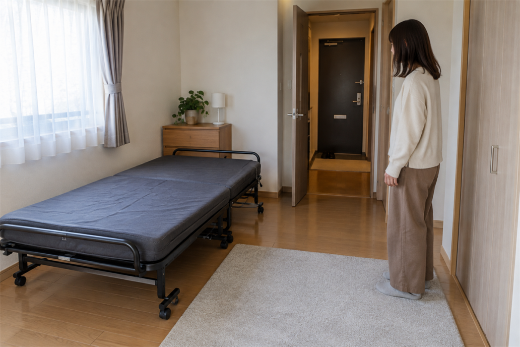 大阪市の住居で折りたたみベッドと搬出経路を確認する様子