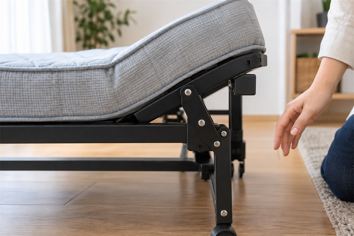 折りたたみベッドの可動部とマットレスの固定状態