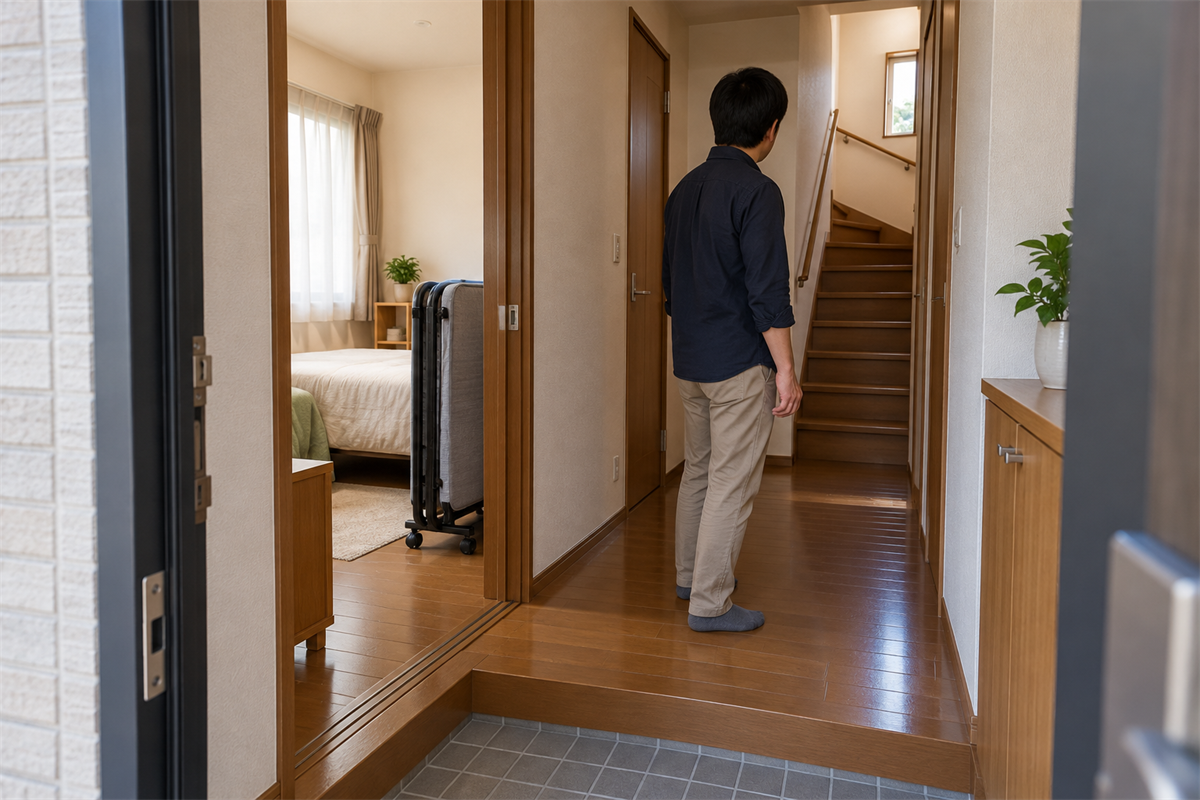 折りたたみベッドを動かす前に廊下と階段の経路を確認する住人