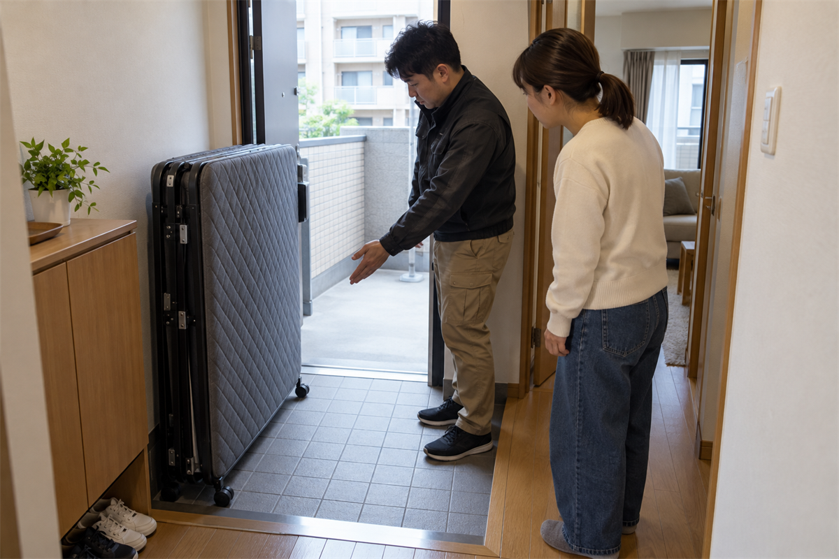 折りたたみベッドの室内搬出条件を玄関付近で確認する様子