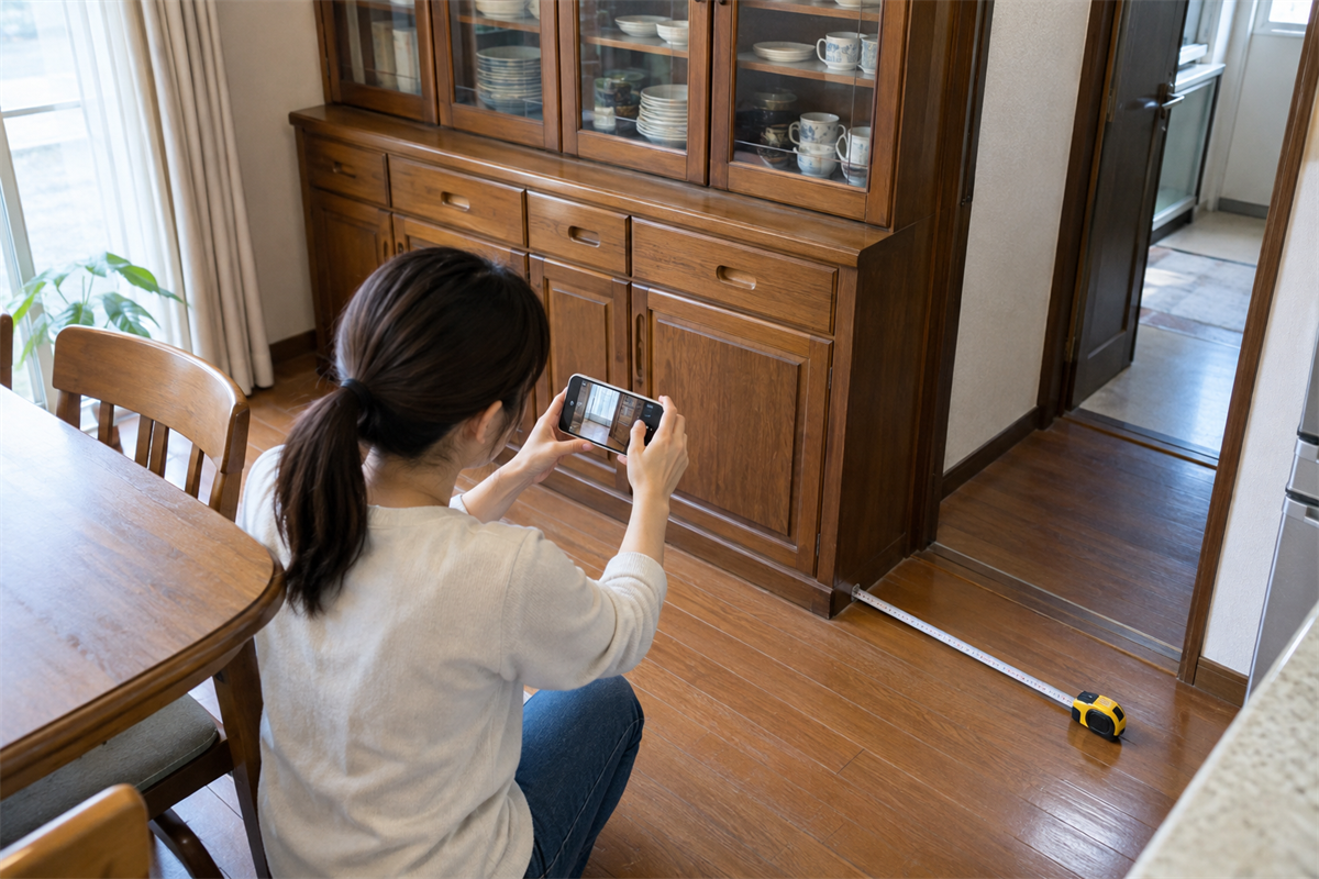 食器棚の寸法と固定部分を写真で確認する住人