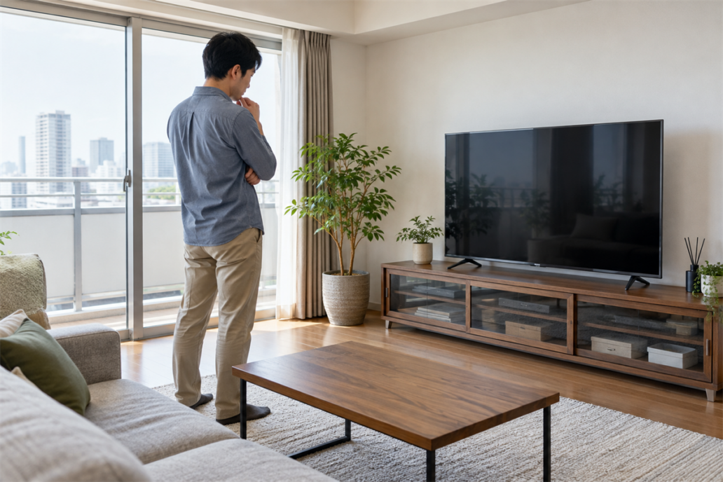 大阪市の住居で大型テレビ台と搬出経路を確認する様子
