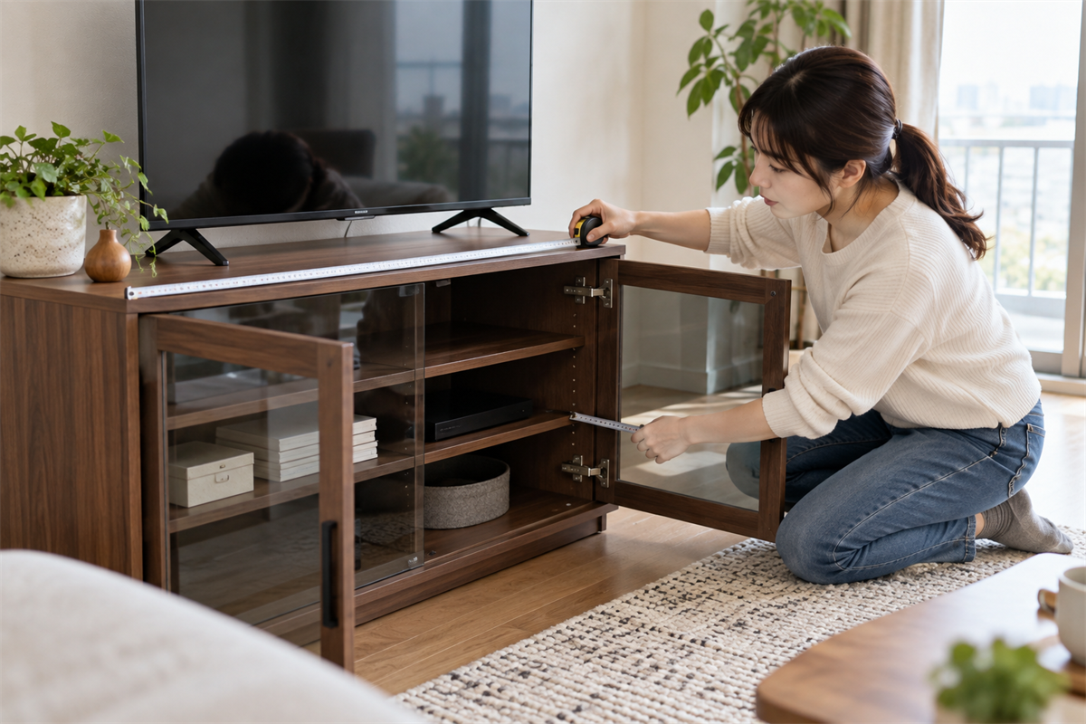 ガラス扉付きローボードの外寸と棚板を確認する様子