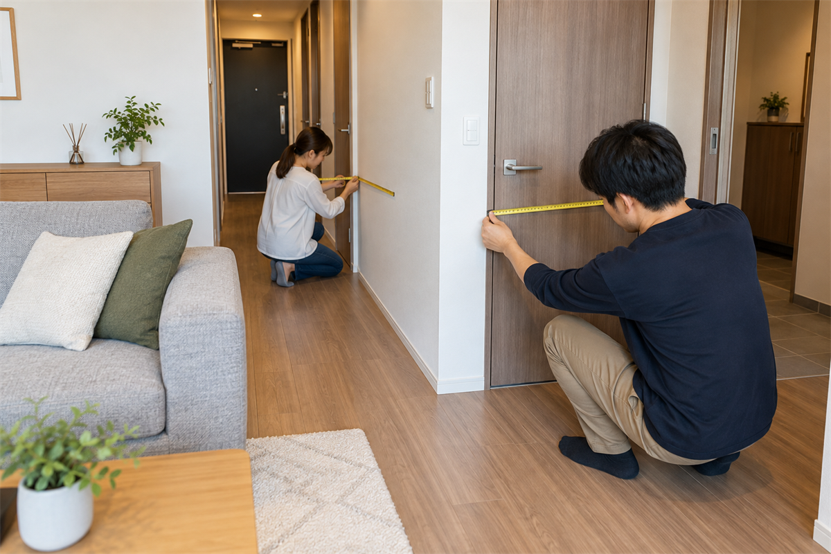 大型テレビ台の搬出経路となる廊下と玄関の採寸