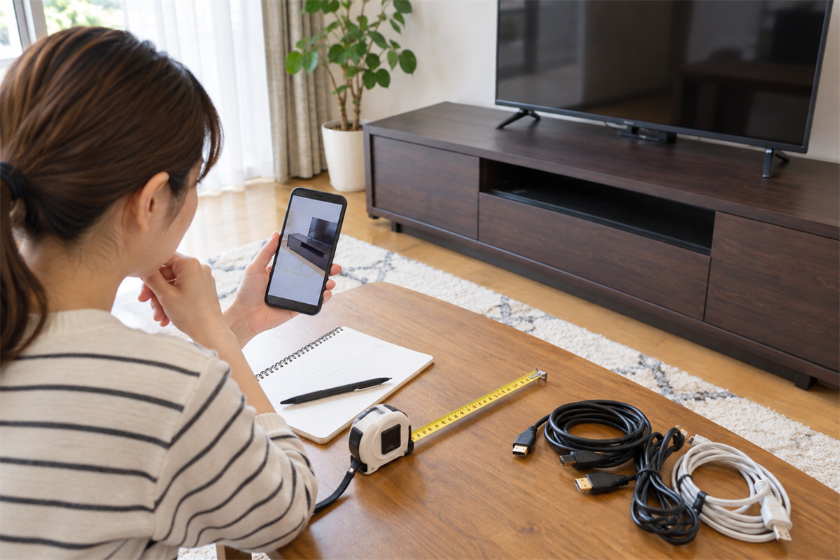 大型テレビ台の情報を整理して処分先を選ぶ様子