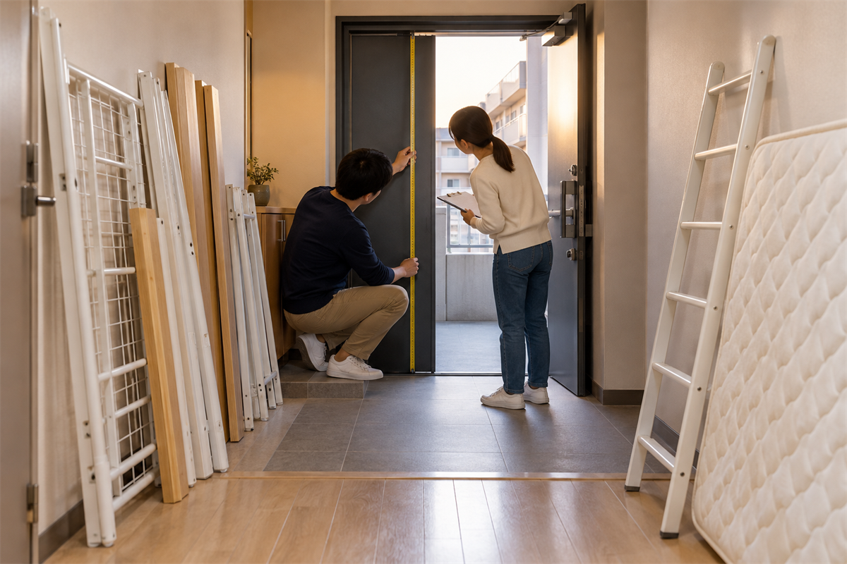 玄関付近で分解後のロフトベッド部材と搬出経路を照合する様子