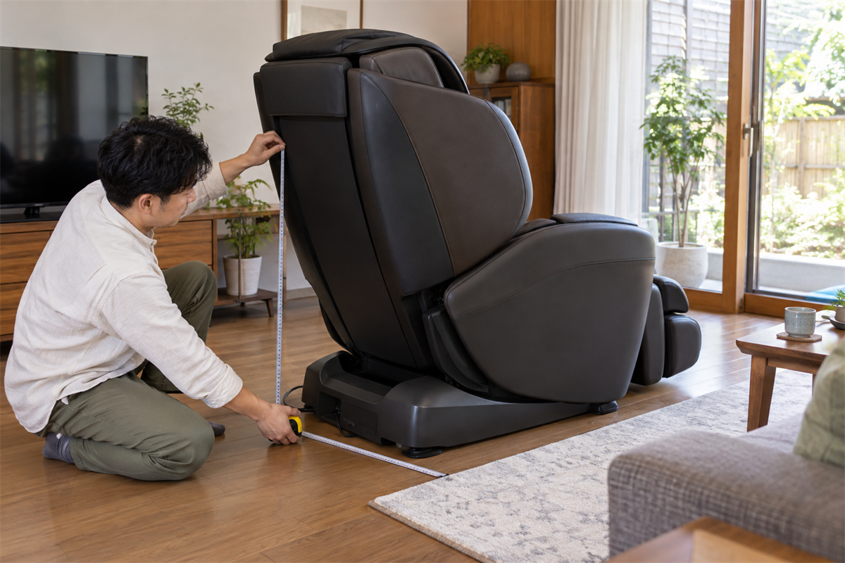 マッサージチェアの型番と外寸を確認しながら本体を測る様子
