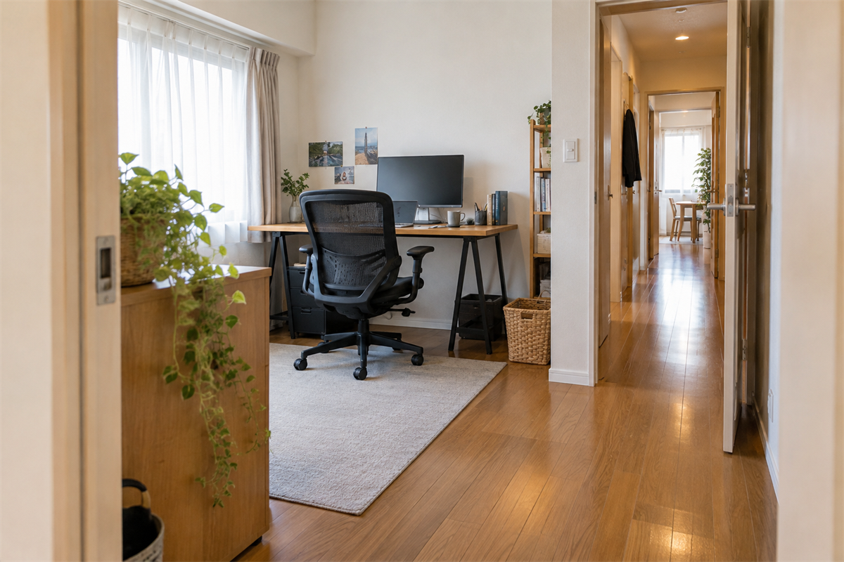 家庭の仕事部屋に置かれたオフィスチェアと搬出経路