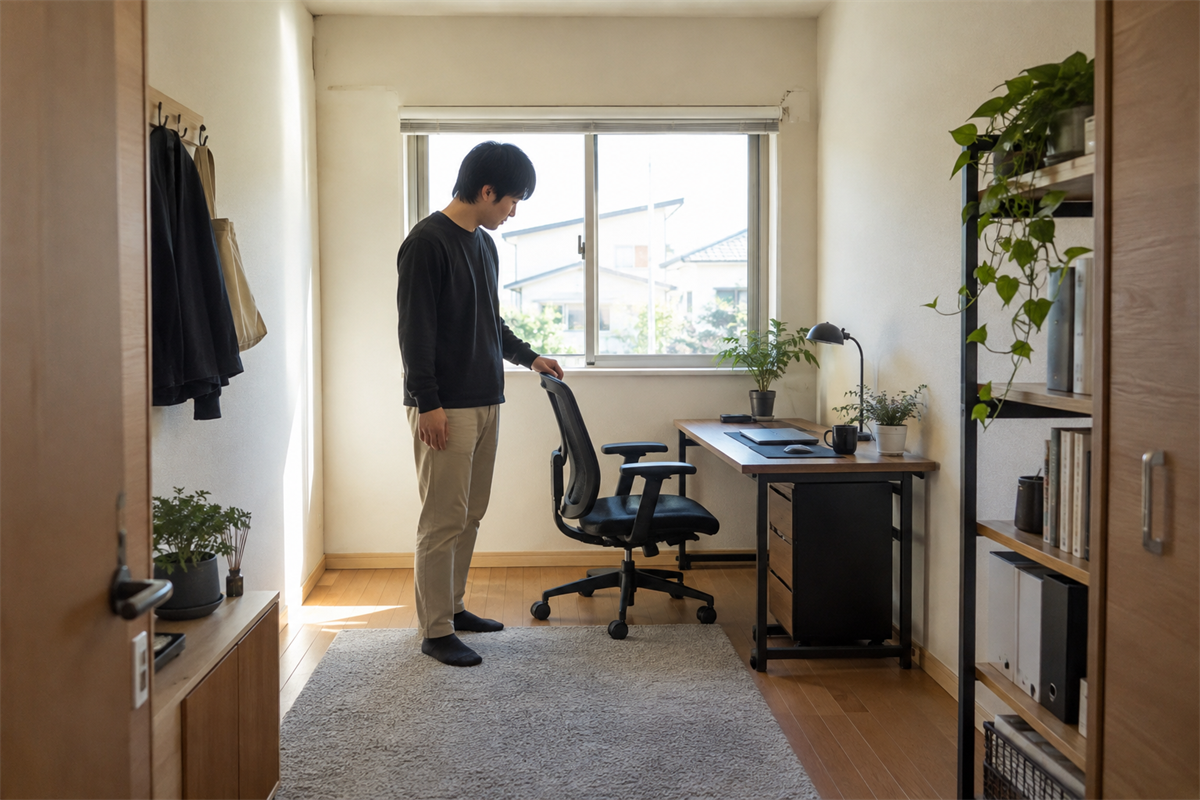 自宅の仕事部屋で使っていたオフィスチェアを確認する様子