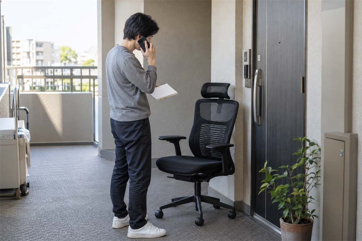 オフィスチェアの採寸結果を用意して回収相談をする様子