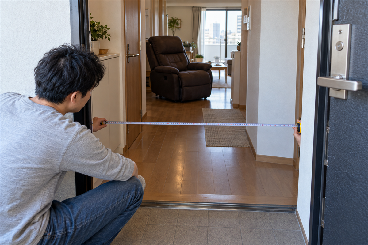 リクライニングチェアの搬出前に玄関幅を測る様子