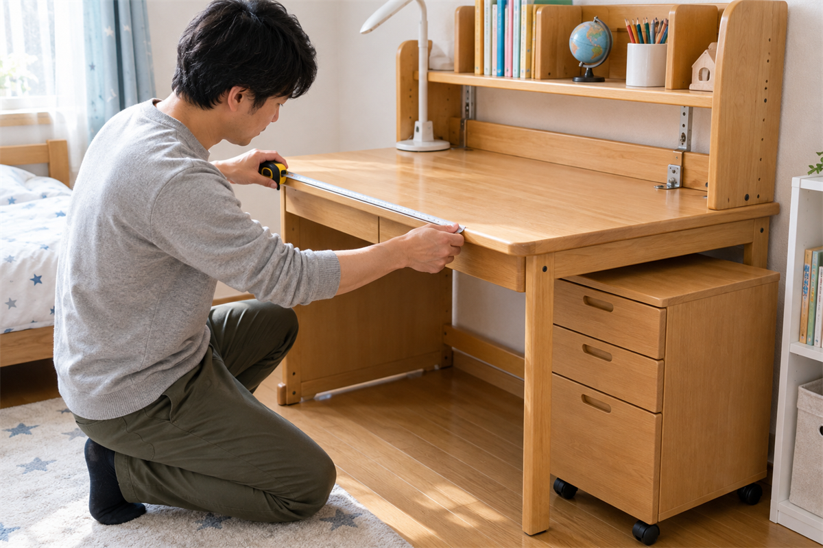 学習机本体・上棚・袖机の外寸を個別に測る様子