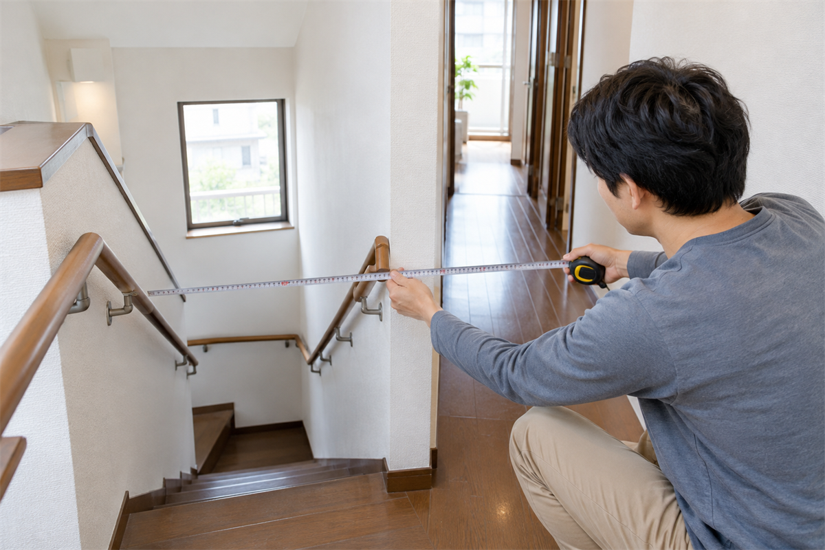 学習机の搬出経路となる階段と廊下の幅を測る様子