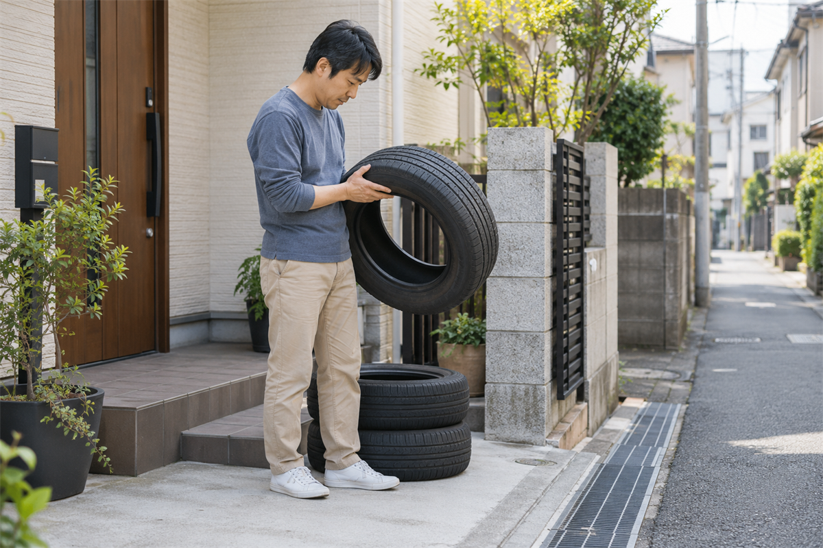 市のごみ置き場へ運ばず自宅でタイヤを確認する住人