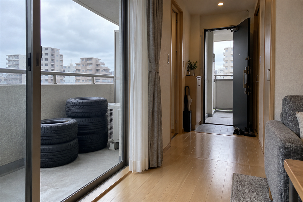 集合住宅のベランダに保管されたタイヤと搬出経路