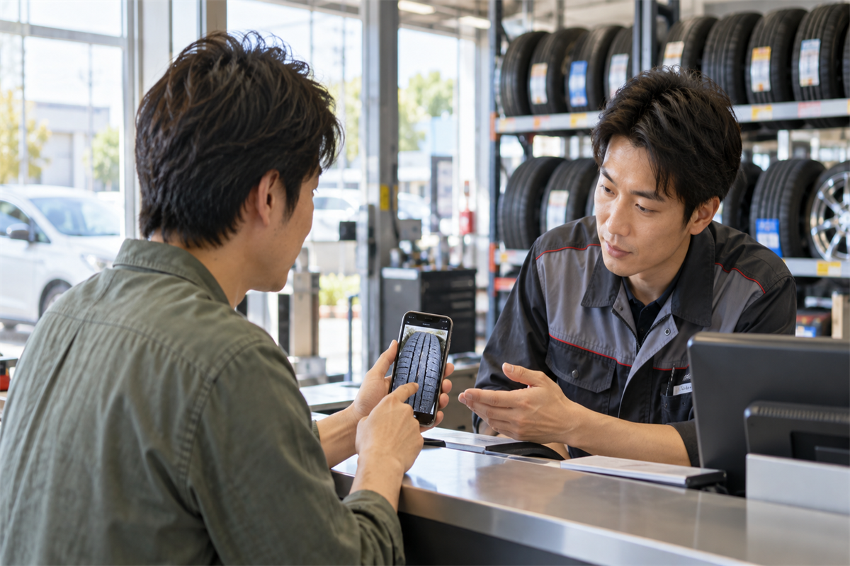 タイヤの写真を見せて販売店の受付で相談する様子