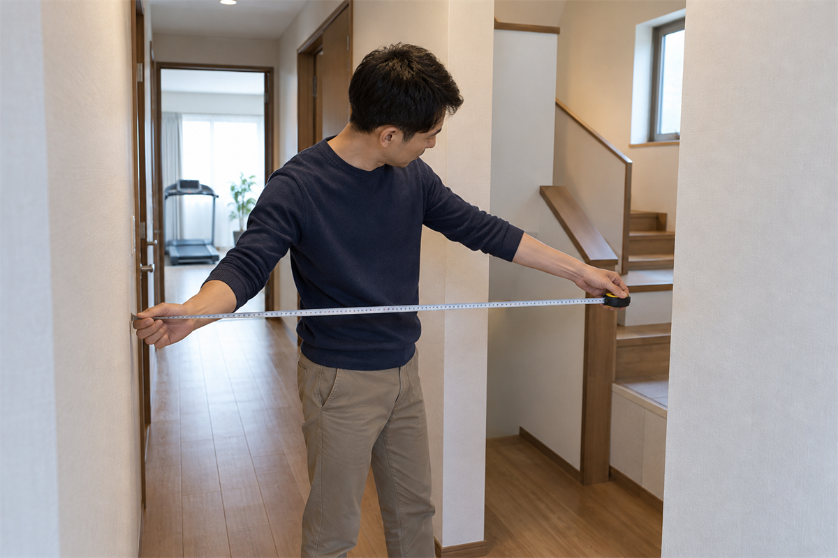 廊下と階段の搬出可能な幅を測る様子